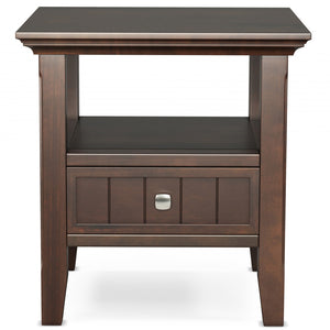 English Elm Acadian Handcrafted Solid Wood End Table In Rich Brunette Brown With Drawer & Open Shelf Storage B136P203471