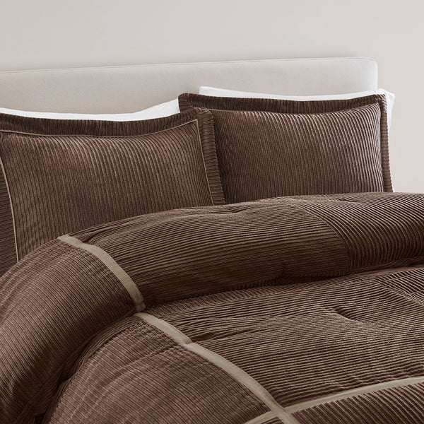 JLA Home Madison Park - 7 Micro Corduroy Comforter Set with Brushed Reverse, Taped Seams & Tailored Shams for Year-Round Cozy Style Brown MP10-8476