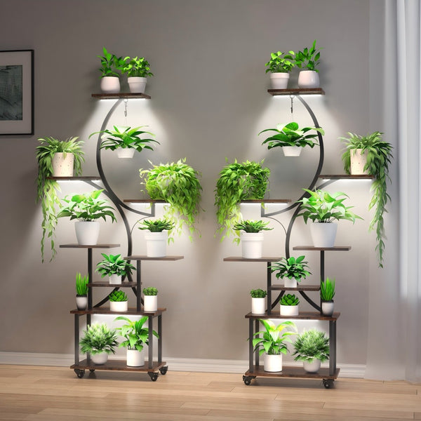 English Elm Plant Stand Indoor With Integrated Grow Lights, 62" Tall 8-Tier Mobile Plant Shelf For Any Room T3210P356960-GIGA