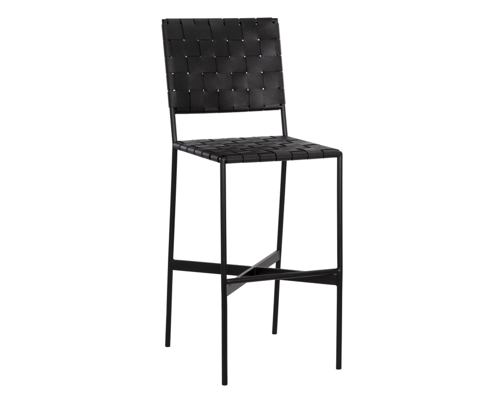 Sunpan Omari Elevated Bar Stool - Handcrafted Black Leather Weaved Seat with Stylish Iron Frame Design Black Leather