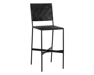 Sunpan Omari Elevated Bar Stool - Handcrafted Black Leather Weaved Seat with Stylish Iron Frame Design Black Leather