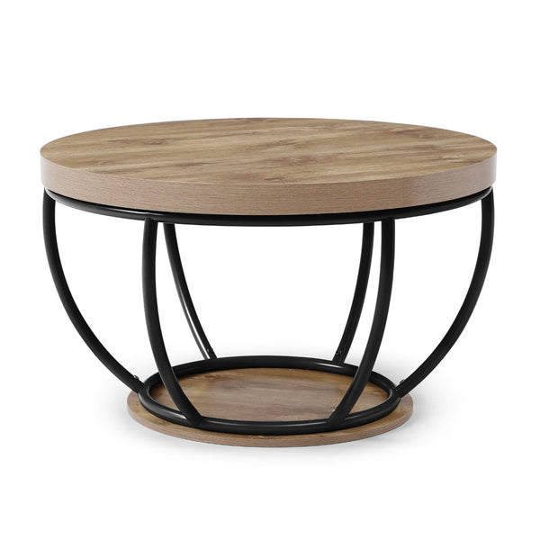 English Elm 31" Round Industrial Coffee Table Wood Grain Veneer Top Two Tier Open Shelf Living Room Black W1117P414751