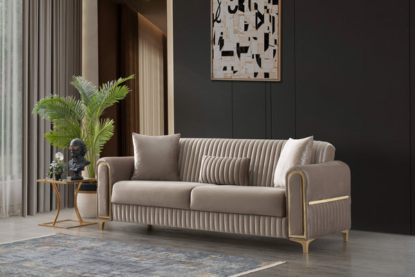 English Elm Melody Velvet Upholstered 3Pc Sofa, Loveseat & Chair Set - Modern Sleeper In Elegant Taupe Design B009S01528