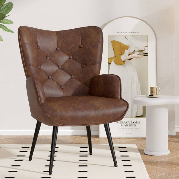 English Elm Elegant Upholstered Chair Ergonomic Wing-Back Armchair with PU Leather, Metal Legs, 150kg Capacity Brown T3950P394352