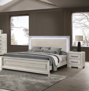 English Elm Elegant Eastern King Bed Antique White Paneled Headboard with Built-in Led Lighting B011S02073
