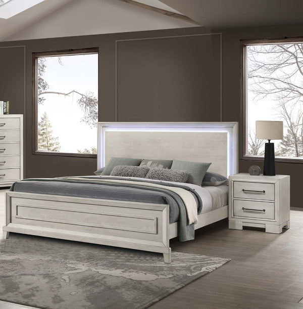 English Elm Elegant Eastern King Bed Antique White Paneled Headboard with Built-in Led Lighting B011S02073