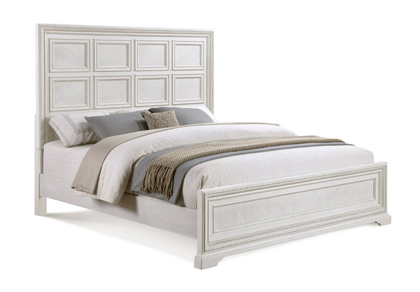 English Elm 1Pc King Antique White Geometric Headboard Bed - Elegant Wooden Furniture For Timeless Bedrooms B2741S00749