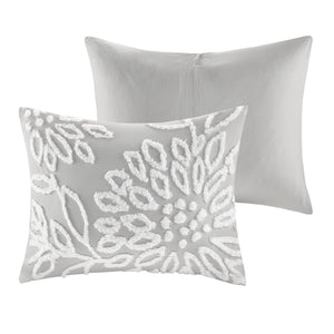 JLA Home Madison Park - 3 Tufted Cotton Chenille Floral Duvet Cover Set — Shabby Chic Warm Grey with Button Closures & Ties 90 L x 90 W x 0.13H MP12-6394