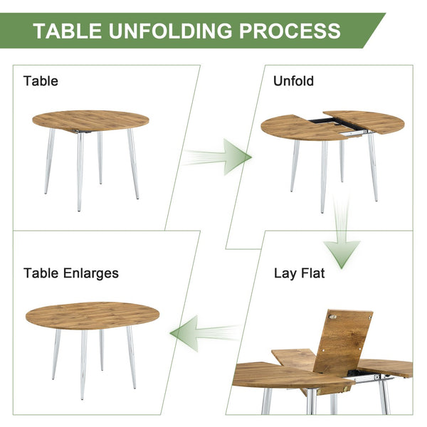 English Elm Table Set Extendable Round to Oval Wood Grain Top with Four Gray Pu Dining Chairs W1151S04833