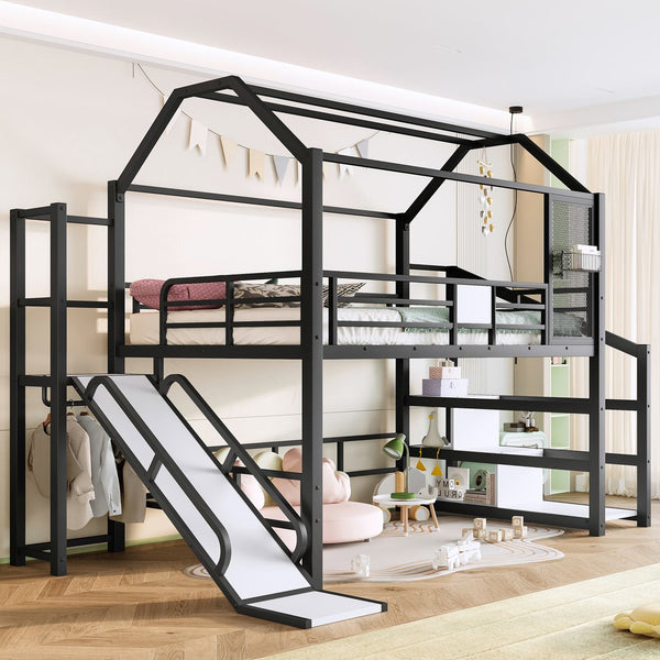 English Elm Full Full House Loft bed with Slide and Stairs, Metal House Play Loft with Storage Shelves and Quiet Design Black W1580S00350