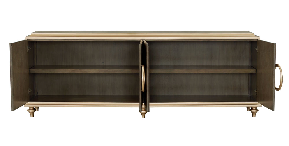 English Elm Ashtin Brown Finish Console Cabinet with Oversize Handles, Turned Wood Legs, 4-Door Storage, 70lb Top Limit B2726P285787