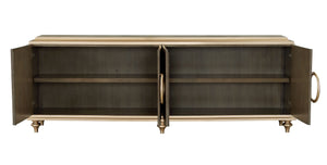 English Elm Ashtin Brown Finish Console Cabinet with Oversize Handles, Turned Wood Legs, 4-Door Storage, 70lb Top Limit B2726P285787