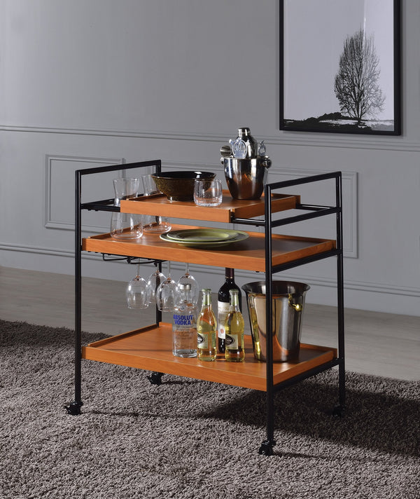 English Elm Honey Honey Oak and Black Serving Cart with Stemware Rack, 3 Adjustable Trays, Casters for Easy Mobility B062P184582