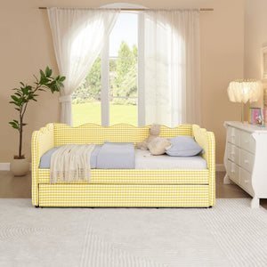 English Elm Cozy Gingham Linen Daybed with Pull Out Trundle Usb Port Wave Back Twin Sofa Yellow W1413S00121