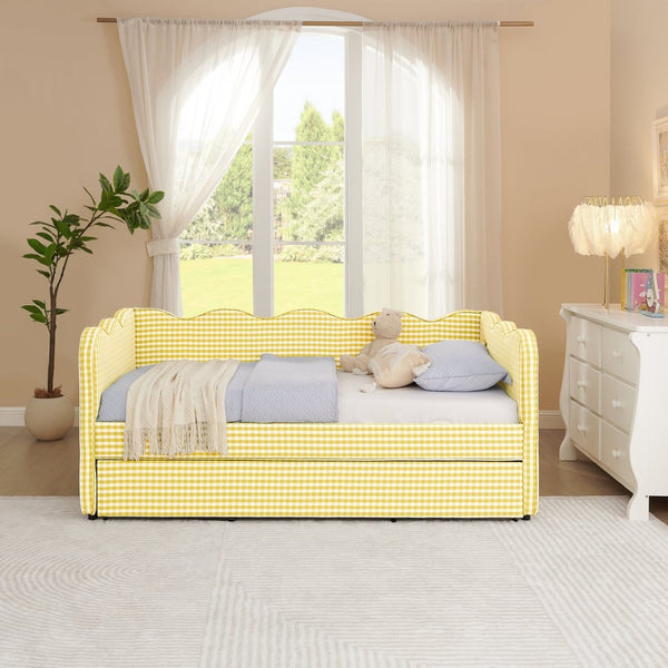 English Elm Cozy Gingham Linen Daybed with Pull Out Trundle Usb Port Wave Back Twin Sofa Yellow W1413S00121