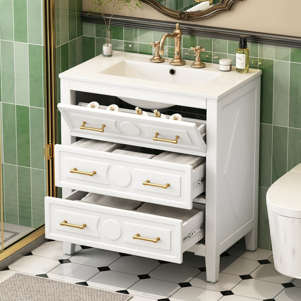 English Elm 30'' Bathroom Vanity with Ceramic Sink, Solid Wood Frame Retro Style Vanity with 3 Drawers & Gold Handles White N710P246209K
