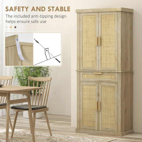 English Elm Homcom 72" Tall Boho Pantry Cabinet With Rattan Panels, 5-Tier Storage, Adjustable Shelves, Oak Finish W2225P229259