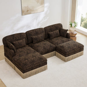 English Elm 100"comfy Chenille Leopard Print U-shaped Sectional with Tassel Trim and Modular Ottomans Brown W5656S00015