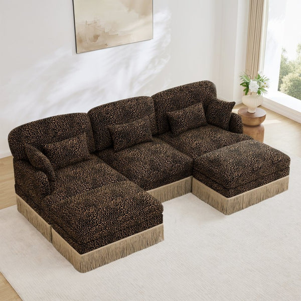 English Elm 100"comfy Chenille Leopard Print U-shaped Sectional with Tassel Trim and Modular Ottomans Brown W5656S00015