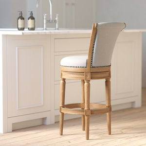 English Elm 26in. Wood High-back Swivel Barstool Farmhouse Style Nailhead Upholstered Kitchen Seat Oak B2751P436433