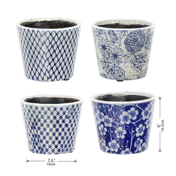 English Elm Set of 4 Terracotta Planters Distressed Blue White Glaze Antique Ceramic Style W2078P495142