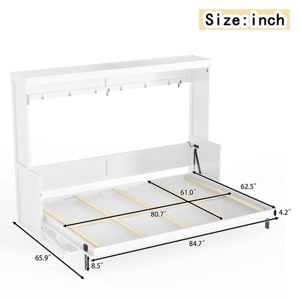 English Elm Queen Murphy Bed with Fold Down Desk Led Lighting and Usb Port for Home Office White W1580S00456
