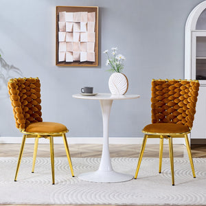 English Elm Set of 2 Velvet Dining Chairs with Braided Rope Backrests and Sculptural Metal Legs Gold,Orange W1512P491450