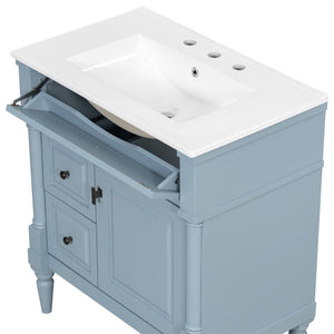 English Elm 30" Freestanding Bathroom Vanity Rubberwood Frame Ceramic Sink Flip Drawer Storage Blue+Grey N725P356062E