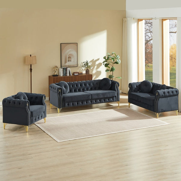 English Elm Velvet Chesterfield Tufted Sofa with Copper Stud Trim and Gold Legs for Glam Living Black W834S00631