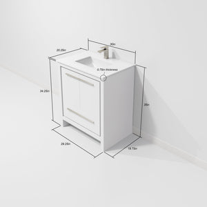 English Elm White Single Bath Vanity 30" W x 20" D with White Quartz Top, Gun Metal Faucet & 28" Mirror — Durable Vanity B2731S02057