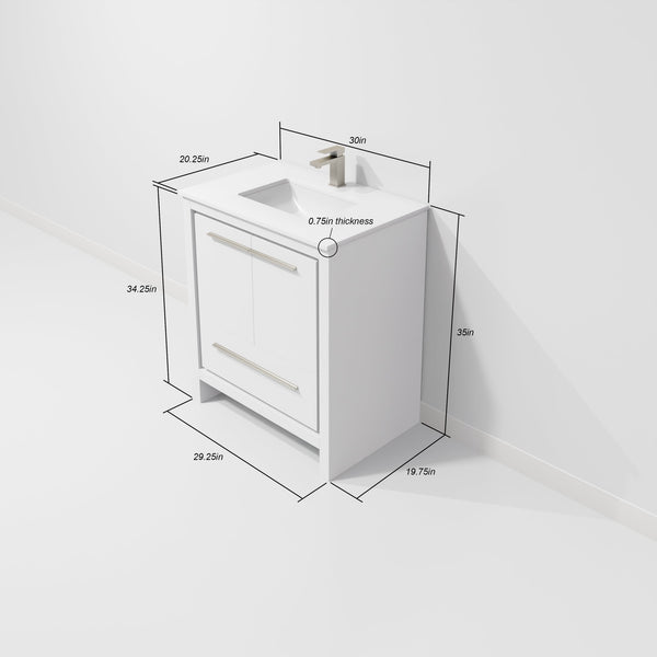 English Elm White Single Bath Vanity 30" W x 20" D with White Quartz Top, Gun Metal Faucet & 28" Mirror — Durable Vanity B2731S02057
