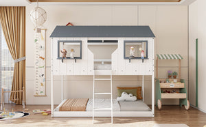 English Elm Twin Over Playhouse Bunk Bed Solid Pine Frame with Roof Windows Guardrail LT100045AAK-1
