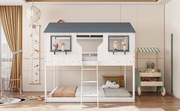 English Elm Twin Over Playhouse Bunk Bed Solid Pine Frame with Roof Windows Guardrail LT100045AAK-1