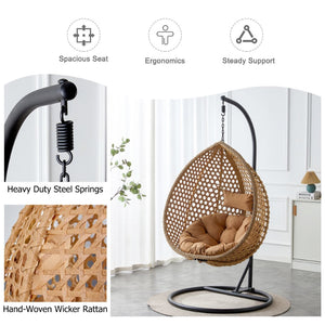 English Elm 76.8-inch Hand Woven Rattan Egg Swing Chair Indoor Outdoor with Cushion Lumbar Pillow Yellow W1512P498594