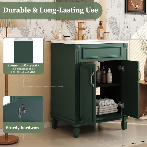 English Elm 24'' Bathroom Vanity with Sink - Solid Wood Frame, Glossy Ceramic Basin, Soft-Close Doors & Ample Storage Elegant Modern Design, Durable MDF Construction, Retro Metal Handles, Compact 24-inch Cabinet Green N710P317675F