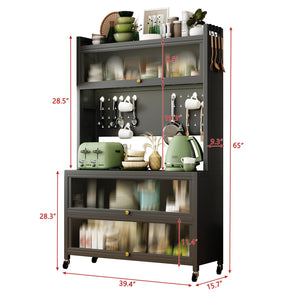 English Elm metal Bakers Rack Countertop Organizer Cabinet with Lockable Doors, 250kg Capacity, Smooth 360° Wheels W509P164652