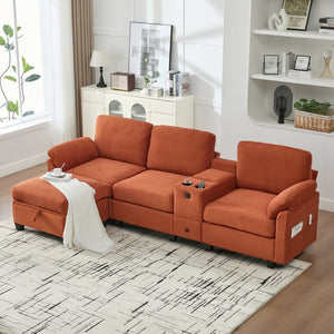 English Elm United Corduroy L-Shaped 4-Seater Sofa With Usb, Cup Holders & Storage Ottoman - Perfect For Apartments! W1568S00225-GIGA