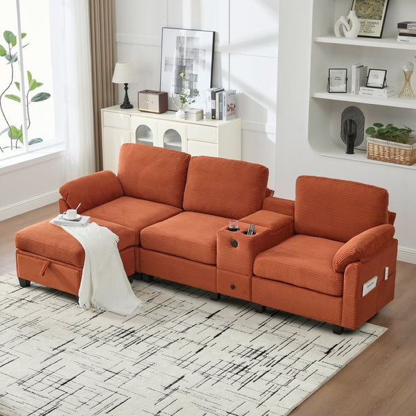 English Elm United Corduroy L-Shaped 4-Seater Sofa With Usb, Cup Holders & Storage Ottoman - Perfect For Apartments! W1568S00225-GIGA