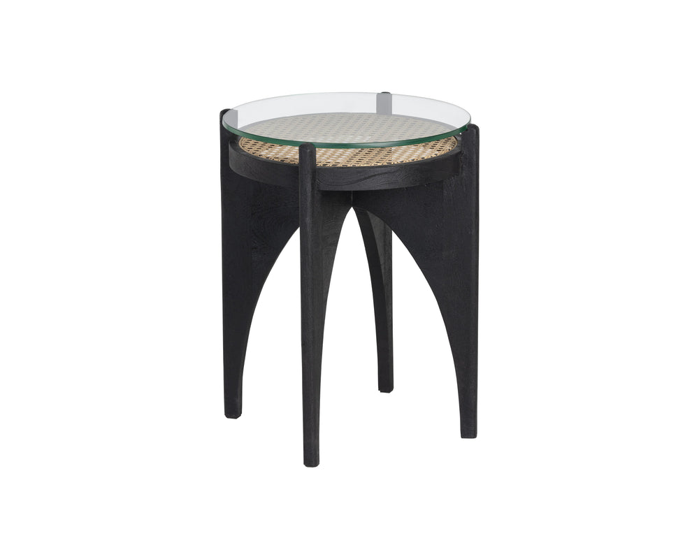 Sunpan Adora Round End Table - Artisan-Crafted Rattan & Glass with Black Mango Wood Base for Unique Style