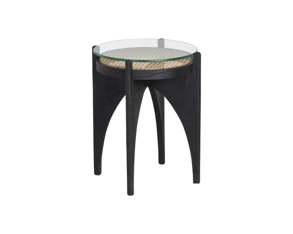 Sunpan Adora Round End Table - Artisan-Crafted Rattan & Glass with Black Mango Wood Base for Unique Style