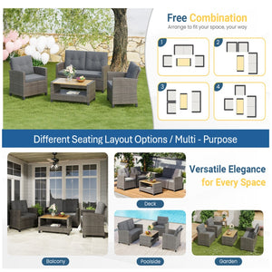English Elm 4-piece Wicker Outdoor Conversation Set with Acacia Wood Table and Foam Cushions Grey+Brown B082S00062