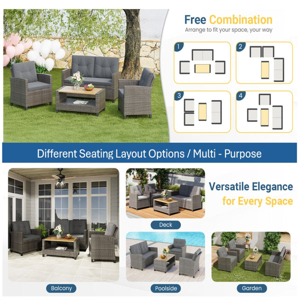 English Elm 4-piece Wicker Outdoor Conversation Set with Acacia Wood Table and Foam Cushions Grey+Brown B082S00062