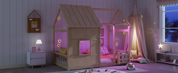 English Elm Twin House Frame Floor Bed Pinewood Build with Led Roofline Kids Bedroom Natural W697P435882