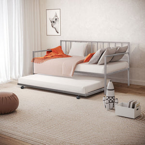 English Elm Silver Sleek Metal Twin Daybed with Built-In Trundle | Contemporary Minimalist Black Frame, Mattress-Ready Silver 76 L x 18 W x 4 H B2741P364412