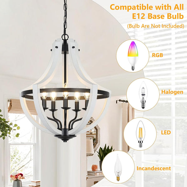 English Elm 5-Light Farmhouse Chandelier Vintage Geometric Wooden Frame Metal Fixture for Dining Room Foyer White W2738P242329