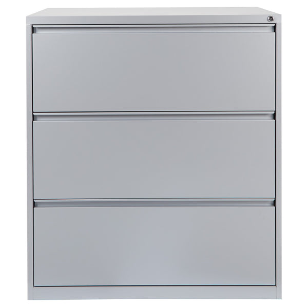 OSP Home Furnishings 36" Steel Lateral File Cabinet with Ball Bearing Drawers Locking Security and Leveling Glides 3 Glides Silver LF336-SV