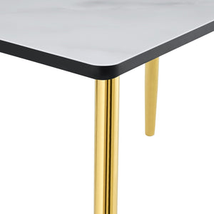 English Elm Modern Marble Look Glass Top Dining Table with Gold Tapered Legs Seats Six W1151S04619