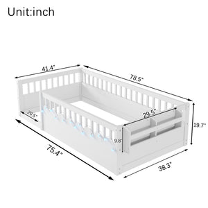 English Elm Twin Montessori Floor Bed Frame with High Rails and Built-In Light Shelf for Safe Independent Sleep White 79.13 L x 13 W x 6.3 H W2593P333565