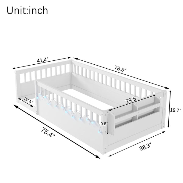 English Elm Twin Montessori Floor Bed Frame with High Rails and Built-In Light Shelf for Safe Independent Sleep White 79.13 L x 13 W x 6.3 H W2593P333565