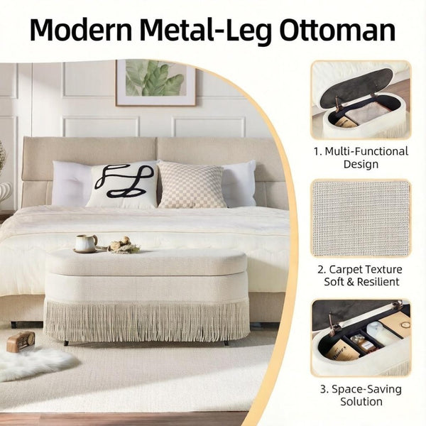 English Elm Oval Fringe Trim Upholstered Lift Top Storage Ottoman Stylish Footrest for Any Room Grey W5501P462408